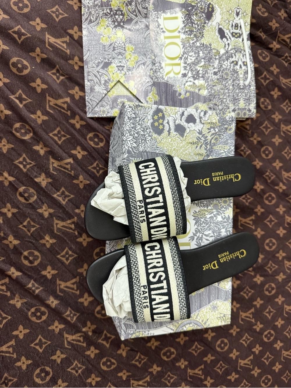 Dior Black and Cream Christian Dior Embroidered Slide Sandals - Picture 2 of 4